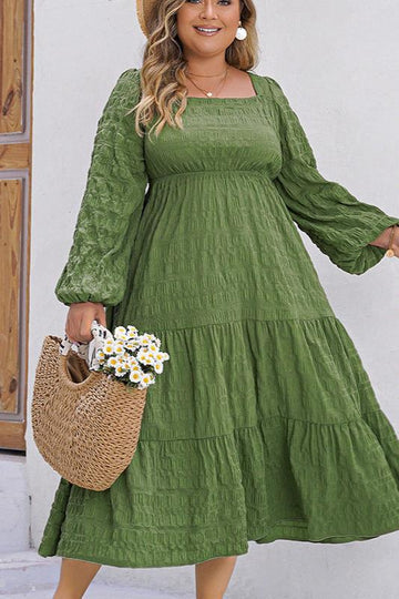 Woochic robe grande taille col carrée imprimé cintrée manches évasées vert 5 1XL
